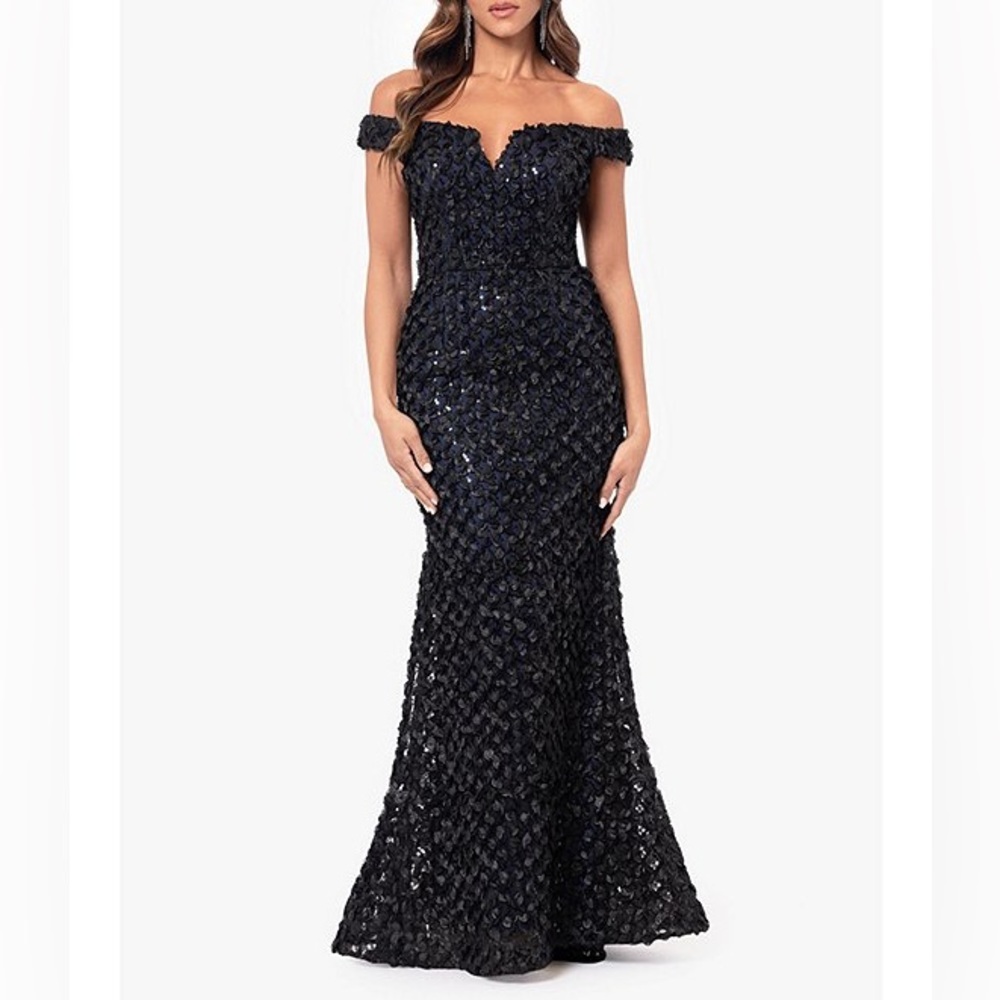 Xscape Navy Off-Shoulder Maxi Dress
